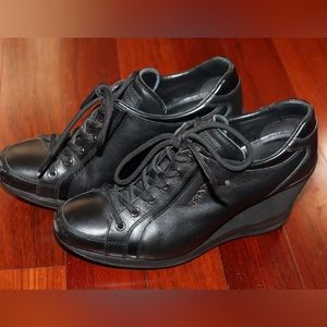 Authentic PRADA Sport Milano BlackLeather Logo Wedge LaceupSneakers Eu38.5/US8.5